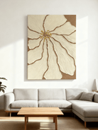 Close-up of textured beige flower petals showing thick impasto brushstrokes in modern floral painting