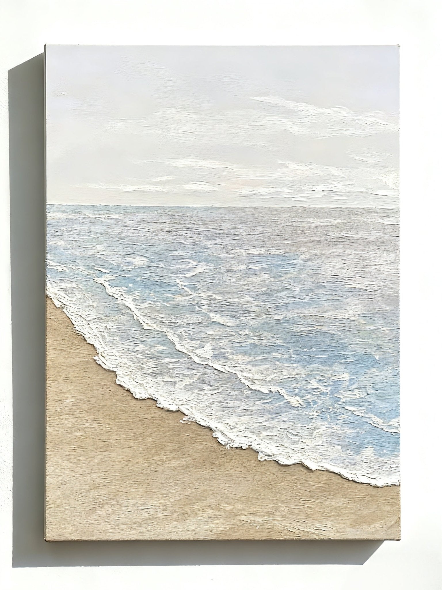 Hand-painted textured beach scene with ocean waves on pure color background, modern coastal canvas wall art