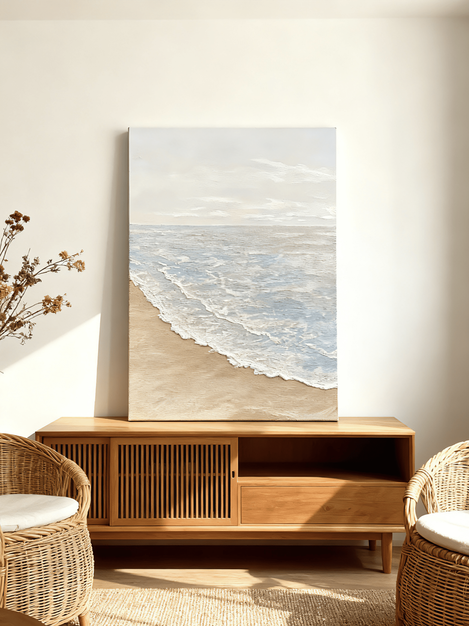 Textured beach painting displayed in modern living room, showcasing coastal wall art in home decor setting