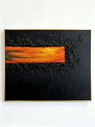 Original hand-painted wall art "Stitch" - textured black canvas with orange sunset stripe, modern living room decor