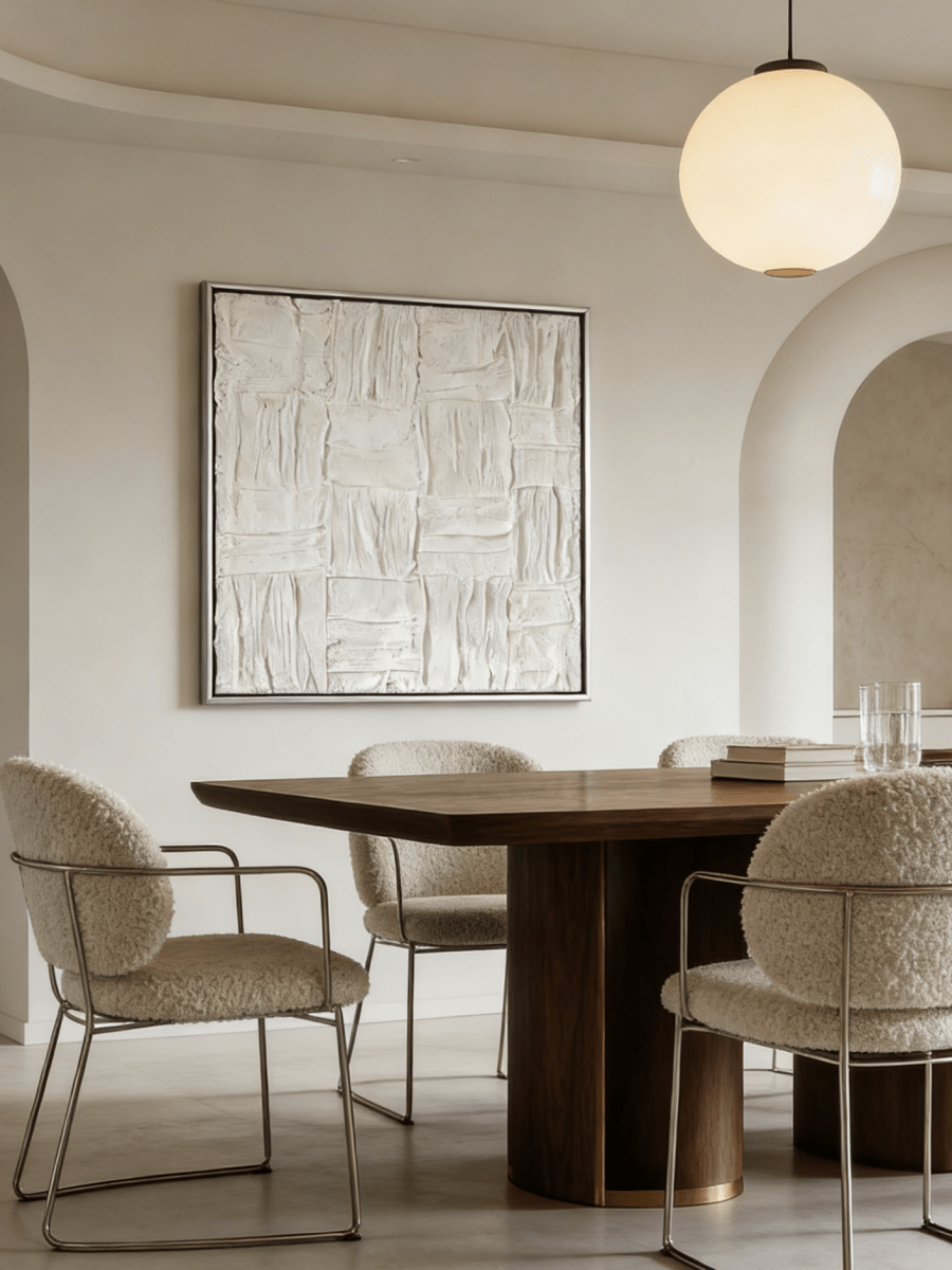 Close-up of the hand-painted white textured canvas art featuring heavy impasto weave pattern in a gold floater frame.