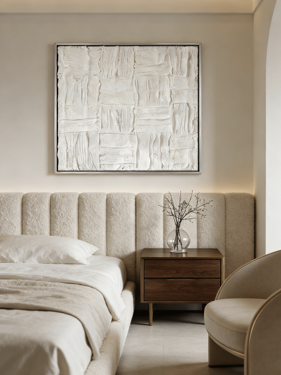 Close-up of the hand-painted white textured canvas art featuring heavy impasto weave pattern in a gold floater frame.