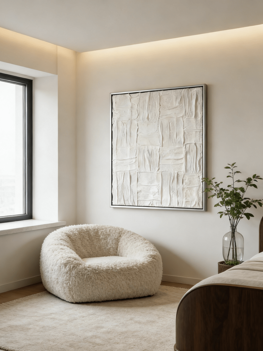 Close-up of the hand-painted white textured canvas art featuring heavy impasto weave pattern in a gold floater frame.