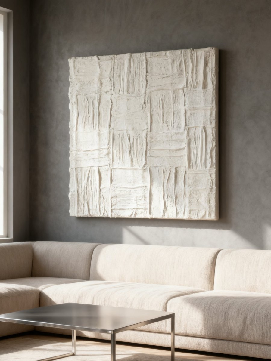 Plaster texture wall art displayed in contemporary living room interior