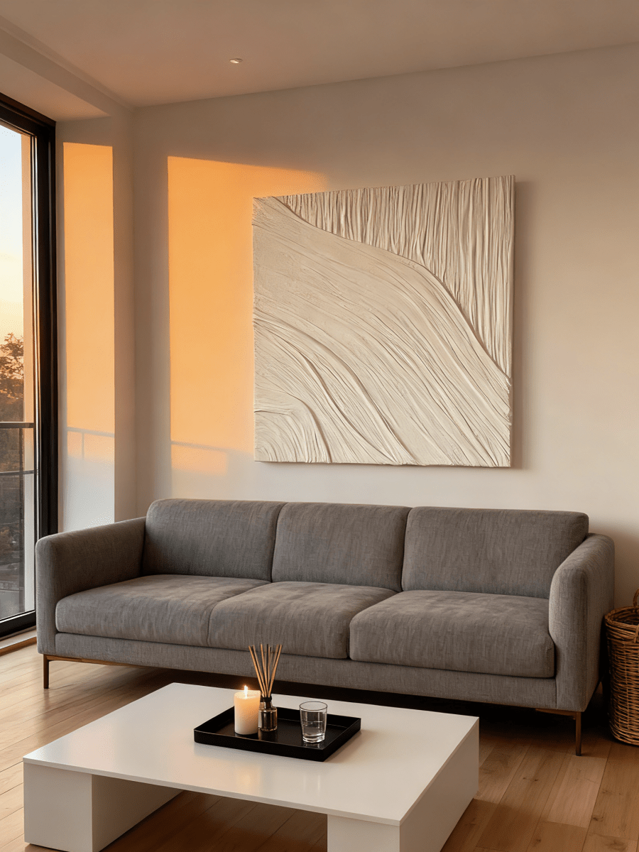 Textured plaster wall art displayed in contemporary living room, showcasing abstract canvas in modern home interior