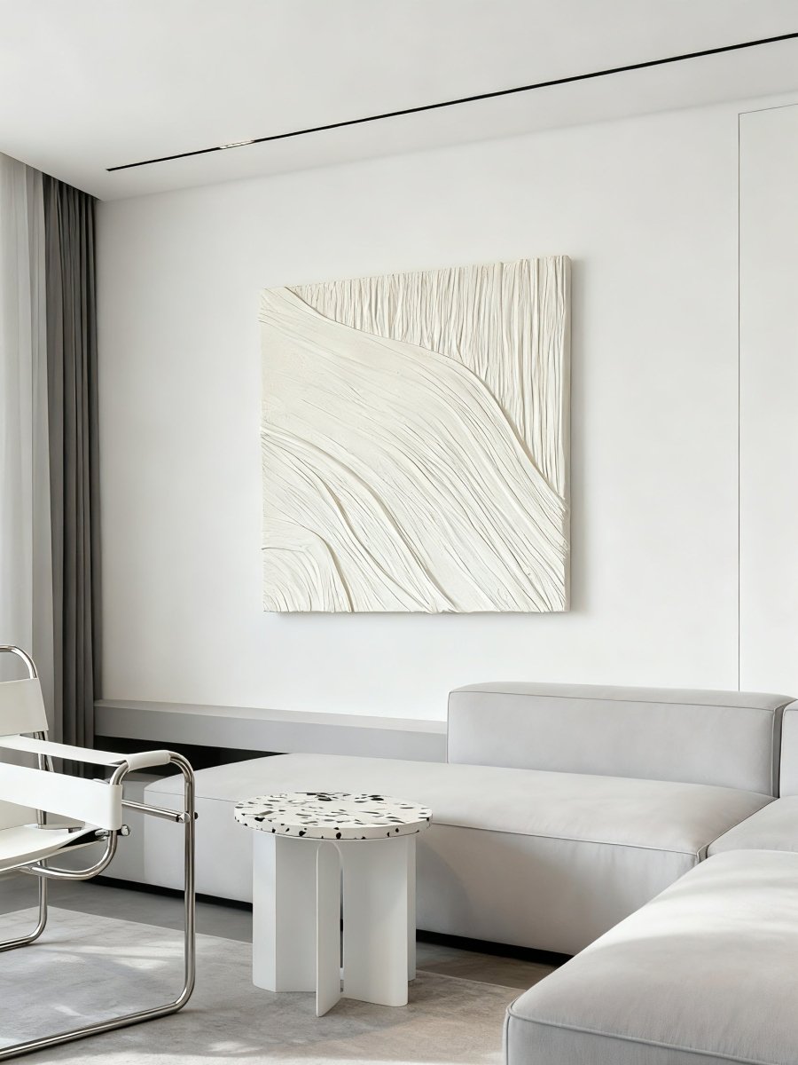 Textured plaster wall art displayed in contemporary living room, showcasing abstract canvas in modern home interior
