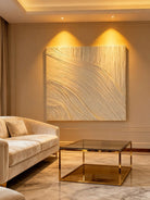 Textured plaster wall art displayed in contemporary living room, showcasing abstract canvas in modern home interior