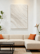 Plaster texture wall art displayed in contemporary living room, modern home decor setting