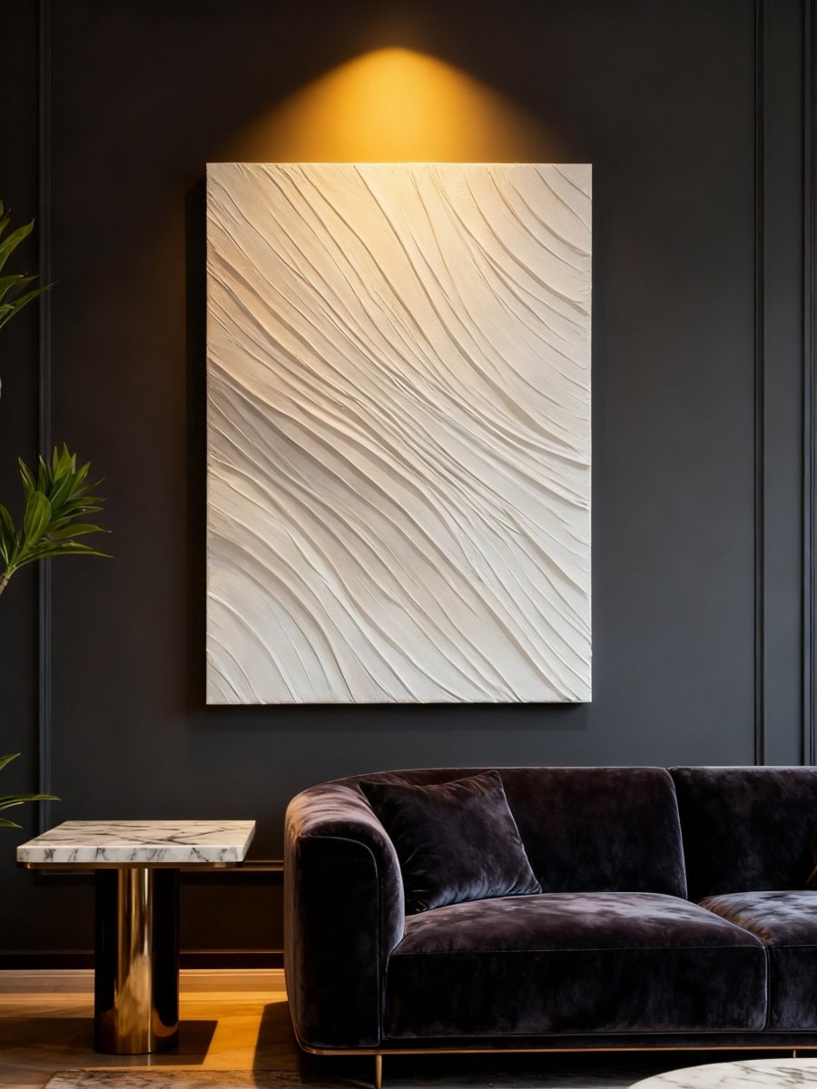 Plaster texture wall art displayed in contemporary living room, modern home decor setting