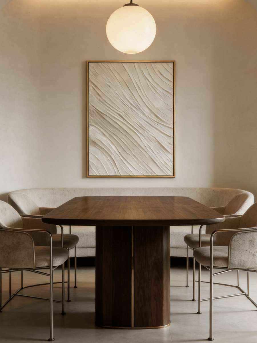 Close-up of the hand-painted white textured wall art featuring heavy impasto flowing waves in a slim gold floater frame.