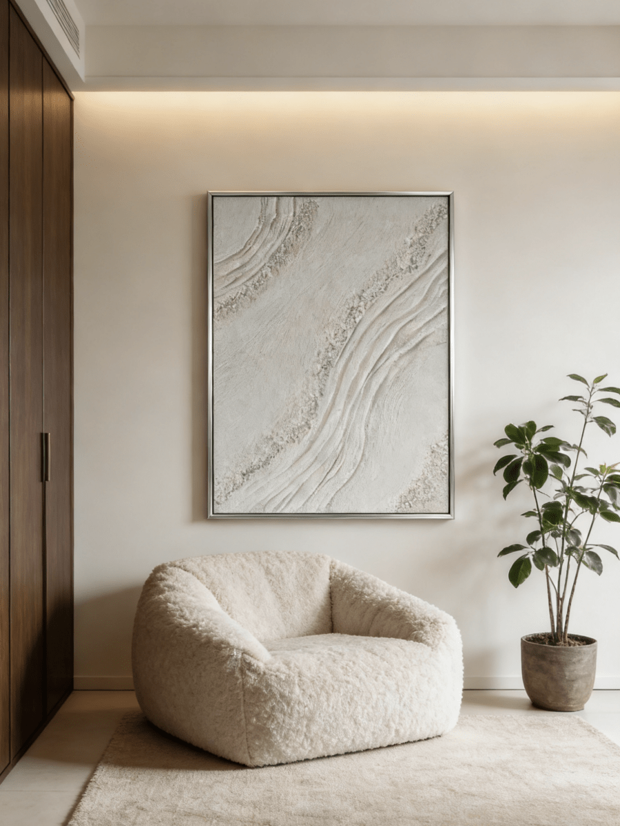 Close-up of the hand-painted white texture art with mineral crystalline details in a modern silver floater frame.