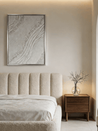 Close-up of the hand-painted white texture art with mineral crystalline details in a modern silver floater frame.