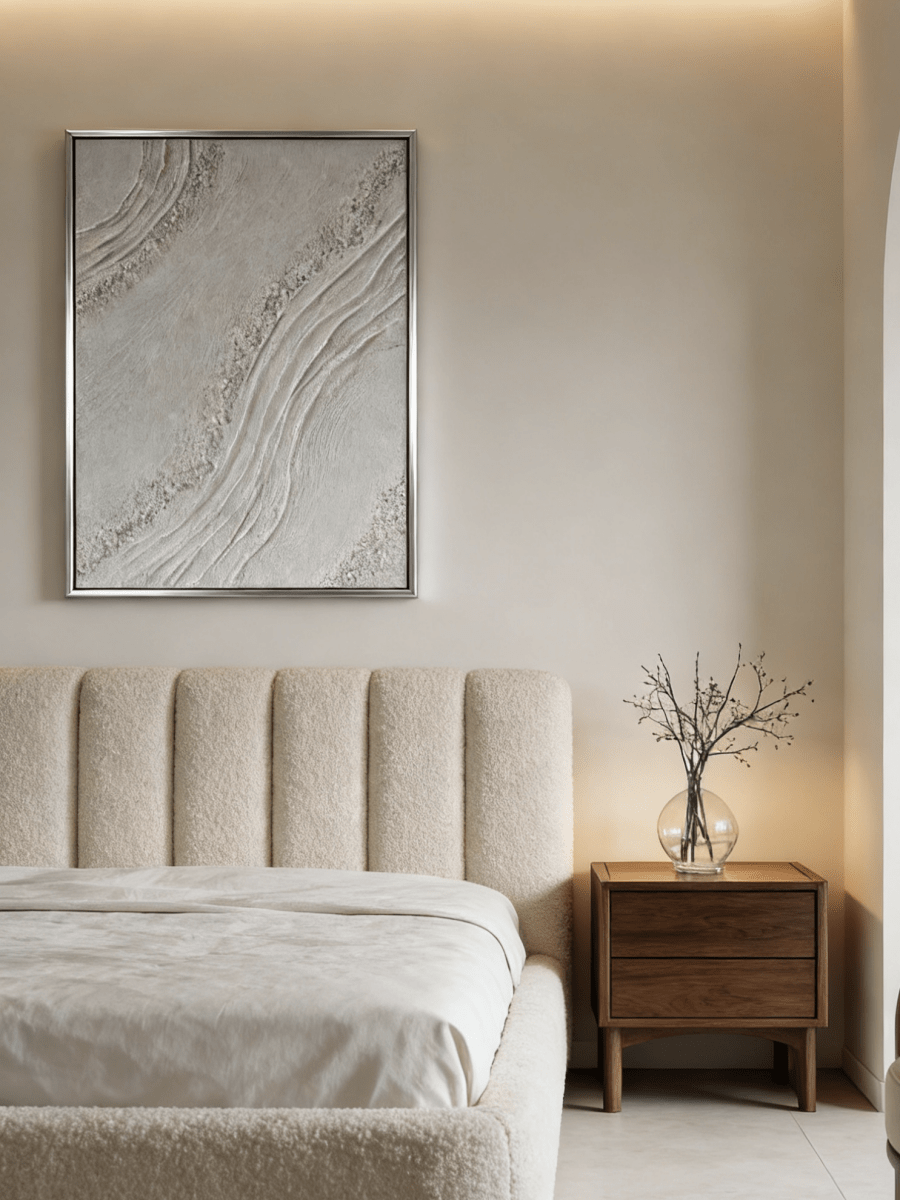 Close-up of the hand-painted white texture art with mineral crystalline details in a modern silver floater frame.