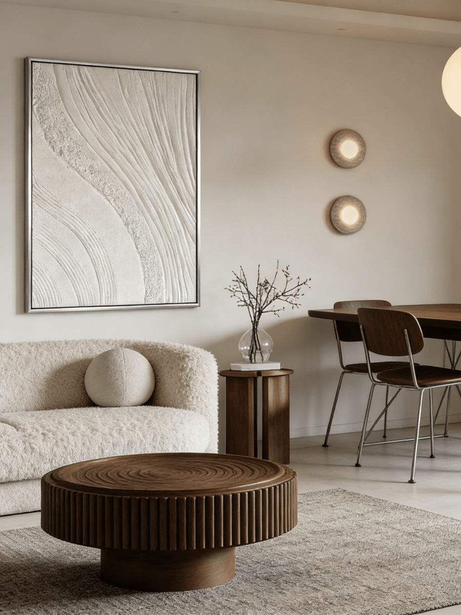 Close-up of the hand-painted white textured wall art featuring heavy impasto waves and mineral textures in a modern silver floater frame.