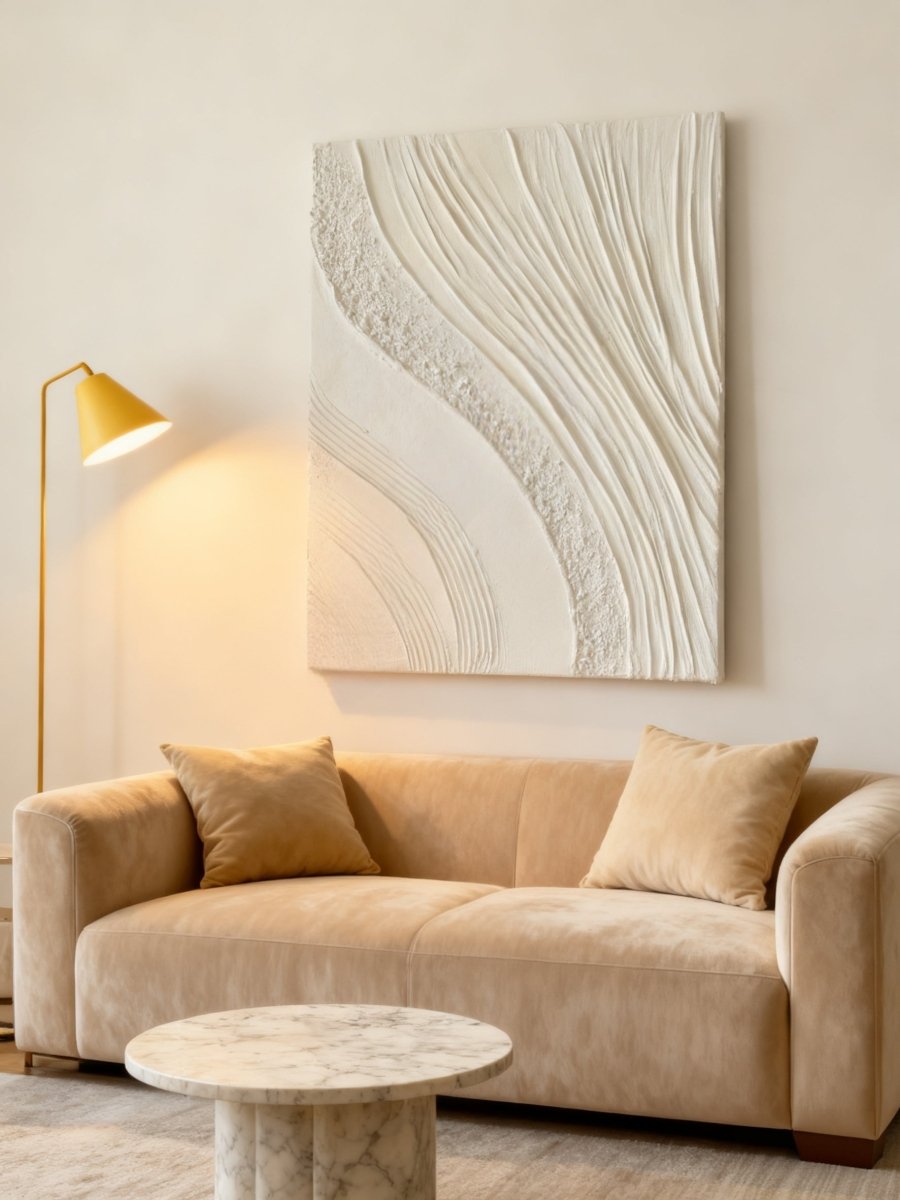 Textured plaster wall art displayed in contemporary living room, showcasing dimensional abstract painting