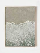 Hand-painted 3D heavy textured abstract beach shore painting in beige and sage green by Leo Liang, wabi-sabi wall art for modern living room decor.