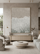 Hand-painted 3D heavy textured abstract beach shore painting in beige and sage green by Leo Liang, wabi-sabi wall art for modern living room decor.