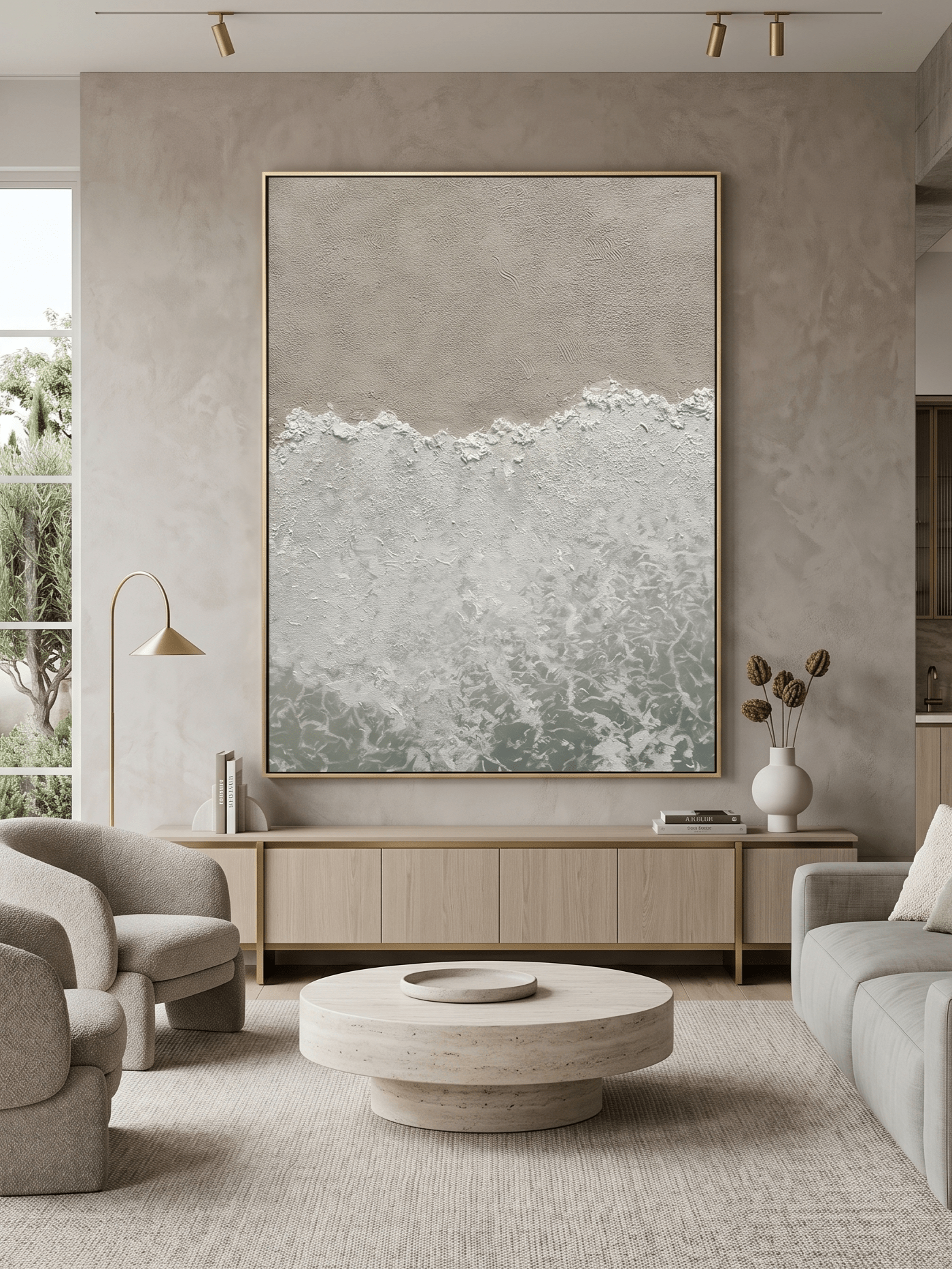 Hand-painted 3D heavy textured abstract beach shore painting in beige and sage green by Leo Liang, wabi-sabi wall art for modern living room decor.