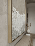 Hand-painted 3D heavy textured abstract beach shore painting in beige and sage green by Leo Liang, wabi-sabi wall art for modern living room decor.