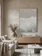 Hand-painted 3D heavy textured abstract beach shore painting in beige and sage green by Leo Liang, wabi-sabi wall art for modern living room decor.