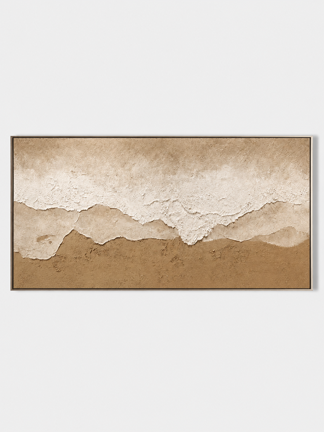 Large oversized 100% hand-painted panoramic modern abstract canvas painting with heavy 3D plaster palette knife texture featuring an earth tone beige, terracotta, and white abstract shoreline coast by Leo Liang for living room decor.