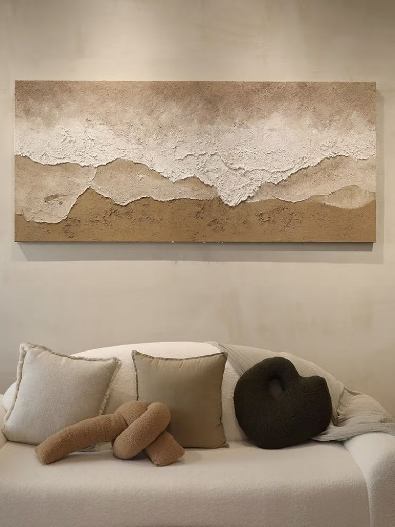 Large oversized 100% hand-painted panoramic modern abstract canvas painting with heavy 3D plaster palette knife texture featuring an earth tone beige, terracotta, and white abstract shoreline coast by Leo Liang for living room decor.