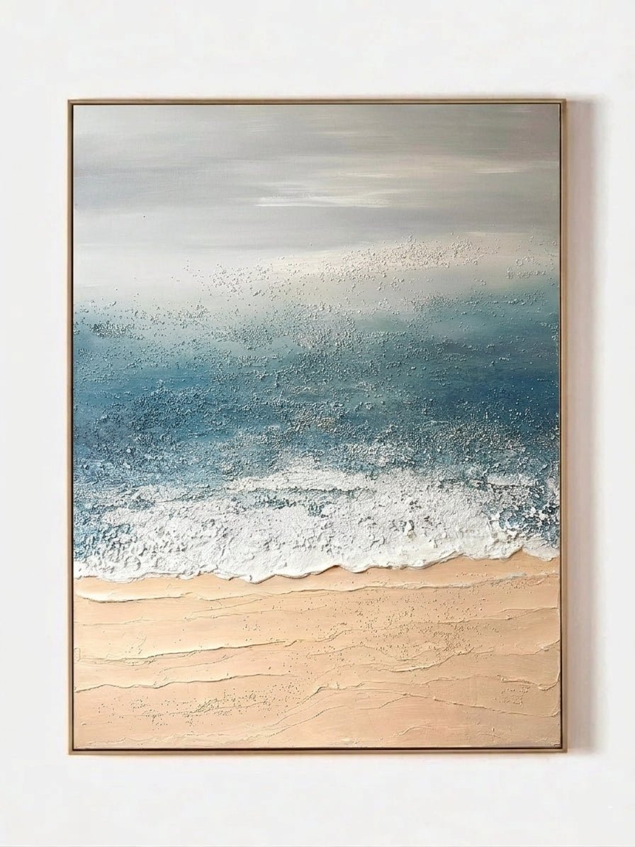 Hand painted textured coastal ocean wave abstract canvas wall art in blue and beige for modern living room decor