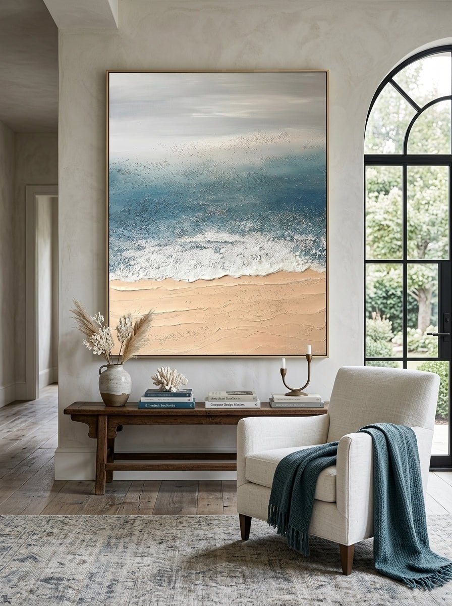 Hand painted textured coastal ocean wave abstract canvas wall art in blue and beige for modern living room decor