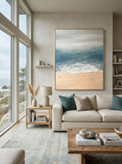 Hand painted textured coastal ocean wave abstract canvas wall art in blue and beige for modern living room decor