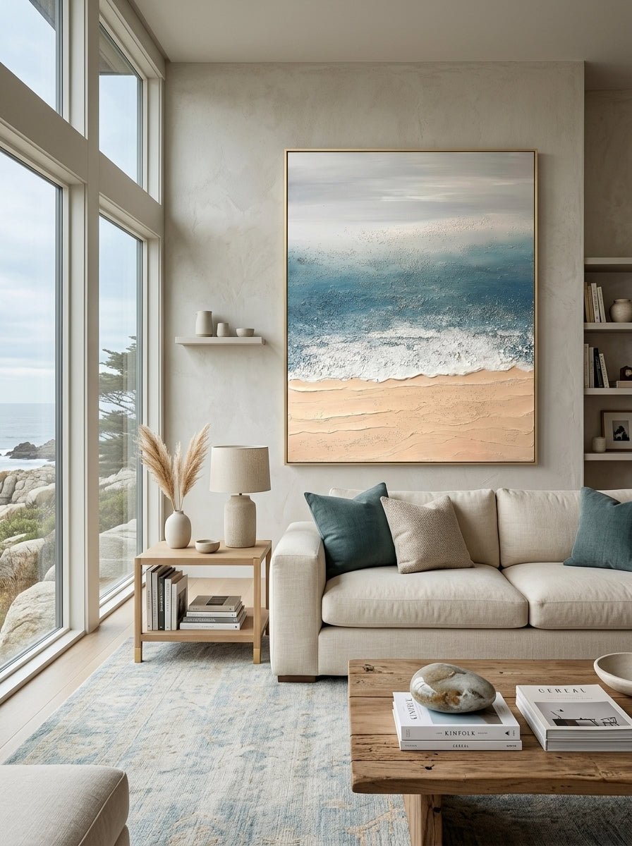 Hand painted textured coastal ocean wave abstract canvas wall art in blue and beige for modern living room decor