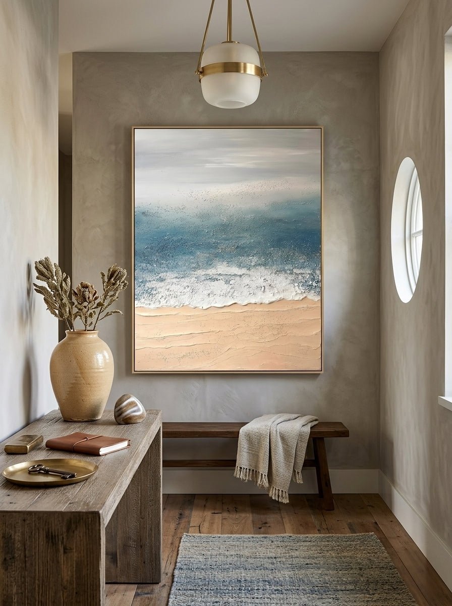 Hand painted textured coastal ocean wave abstract canvas wall art in blue and beige for modern living room decor