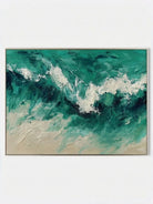 Large 100% hand-painted modern abstract canvas painting with 3D heavy palette knife texture featuring crashing emerald green and white seafoam ocean waves by Leo Liang.