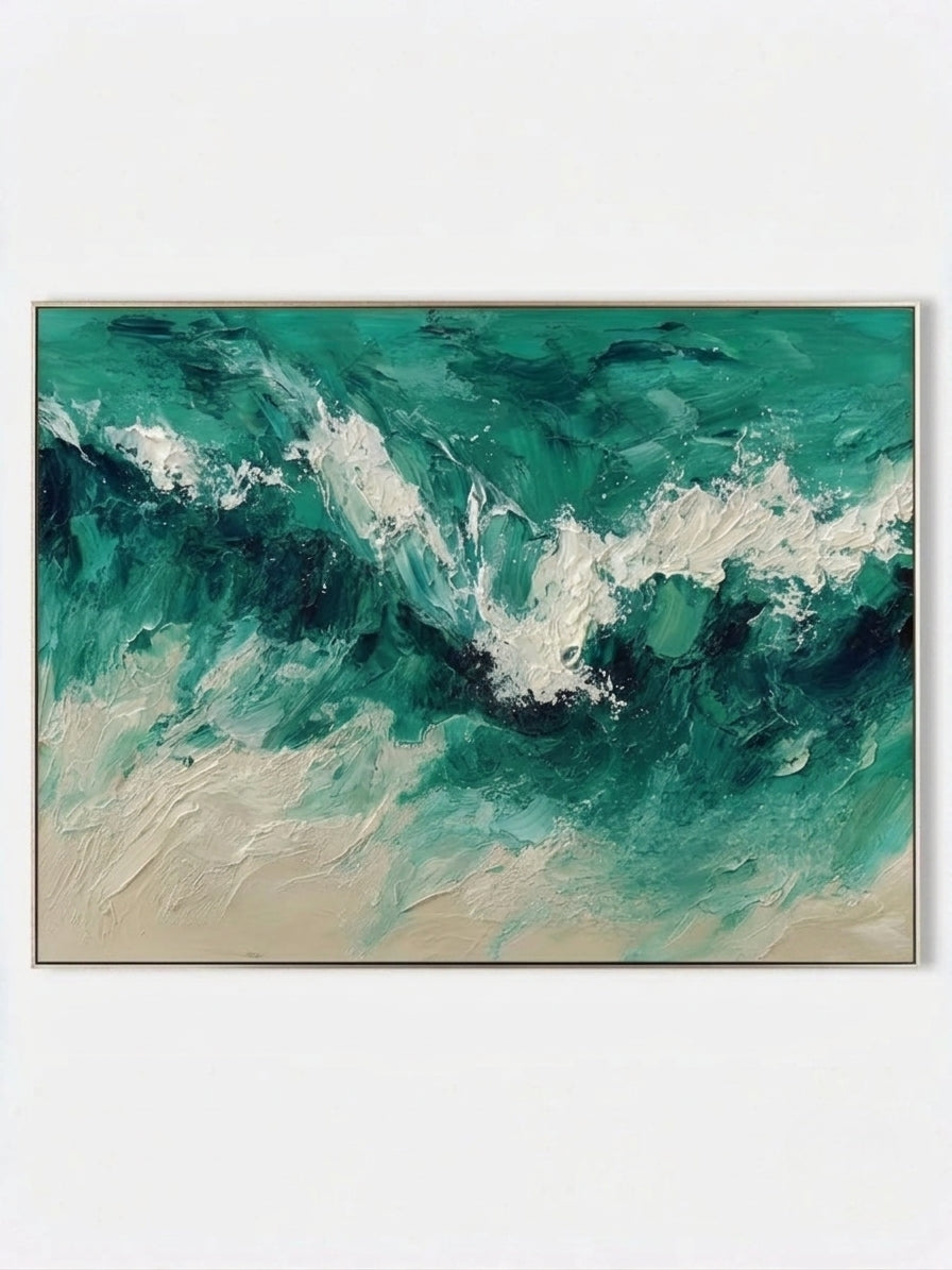 Large 100% hand-painted modern abstract canvas painting with 3D heavy palette knife texture featuring crashing emerald green and white seafoam ocean waves by Leo Liang.