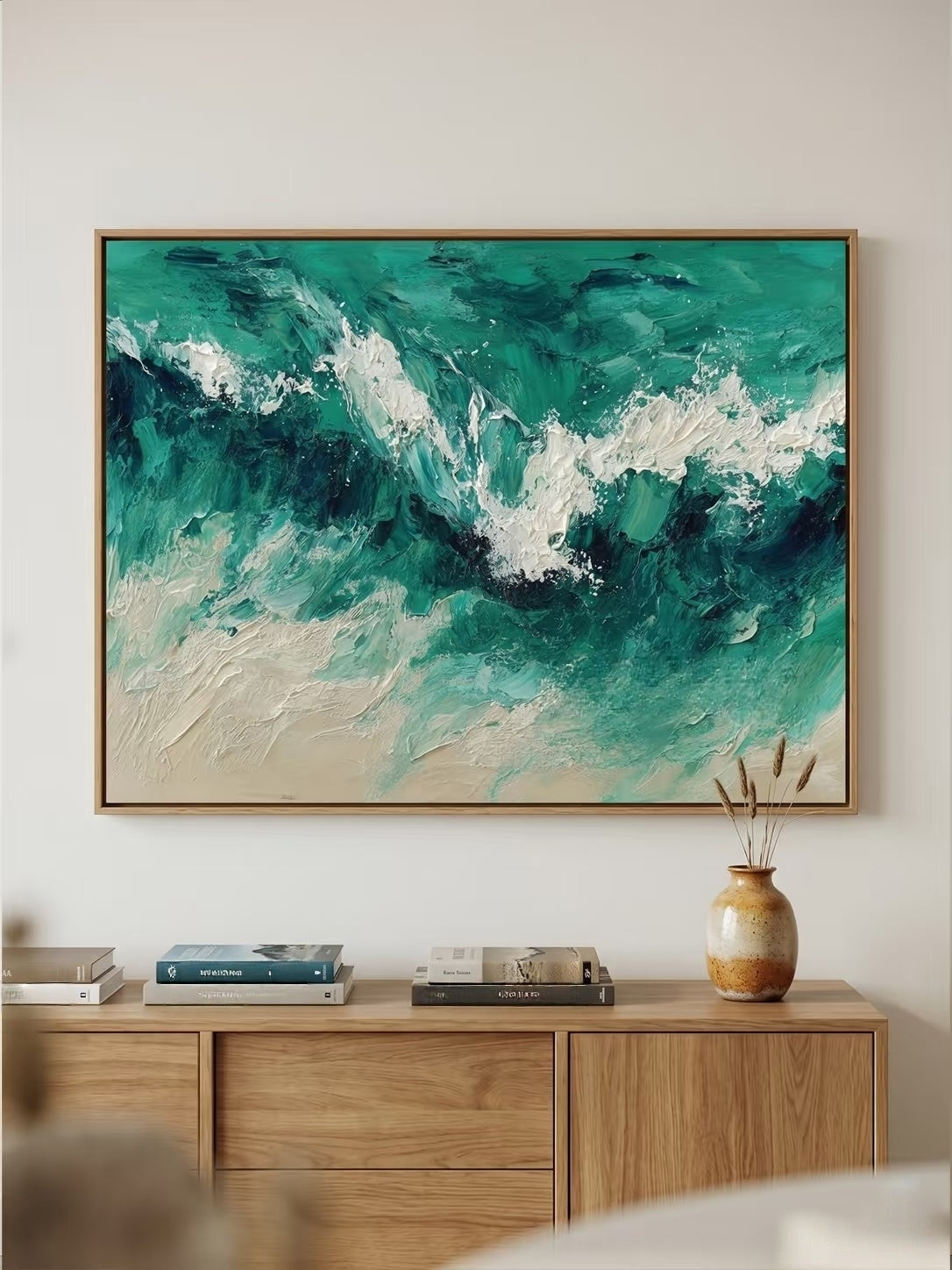 Large 100% hand-painted modern abstract canvas painting with 3D heavy palette knife texture featuring crashing emerald green and white seafoam ocean waves by Leo Liang.