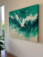 Large 100% hand-painted modern abstract canvas painting with 3D heavy palette knife texture featuring crashing emerald green and white seafoam ocean waves by Leo Liang.