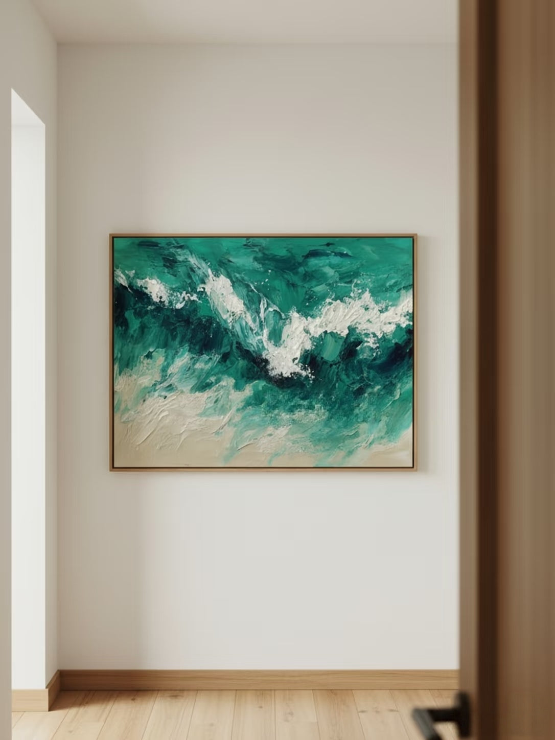 Large 100% hand-painted modern abstract canvas painting with 3D heavy palette knife texture featuring crashing emerald green and white seafoam ocean waves by Leo Liang.