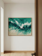 Large 100% hand-painted modern abstract canvas painting with 3D heavy palette knife texture featuring crashing emerald green and white seafoam ocean waves by Leo Liang.