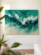 Large 100% hand-painted modern abstract canvas painting with 3D heavy palette knife texture featuring crashing emerald green and white seafoam ocean waves by Leo Liang.