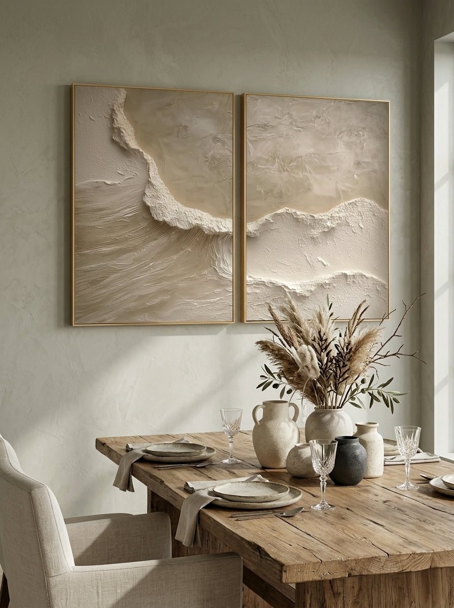 A large 2-panel modern Wabi-Sabi relief painting by Akari Kobayashi featuring organic 3D textured ridges in cream and beige, hung in a minimalist living room above a sofa.