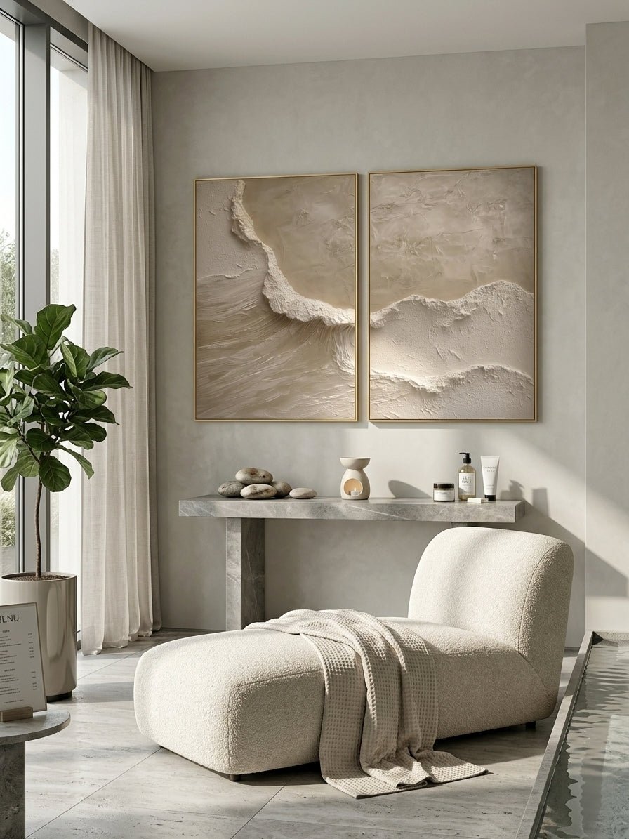 A large 2-panel modern Wabi-Sabi relief painting by Akari Kobayashi featuring organic 3D textured ridges in cream and beige, hung in a minimalist living room above a sofa.