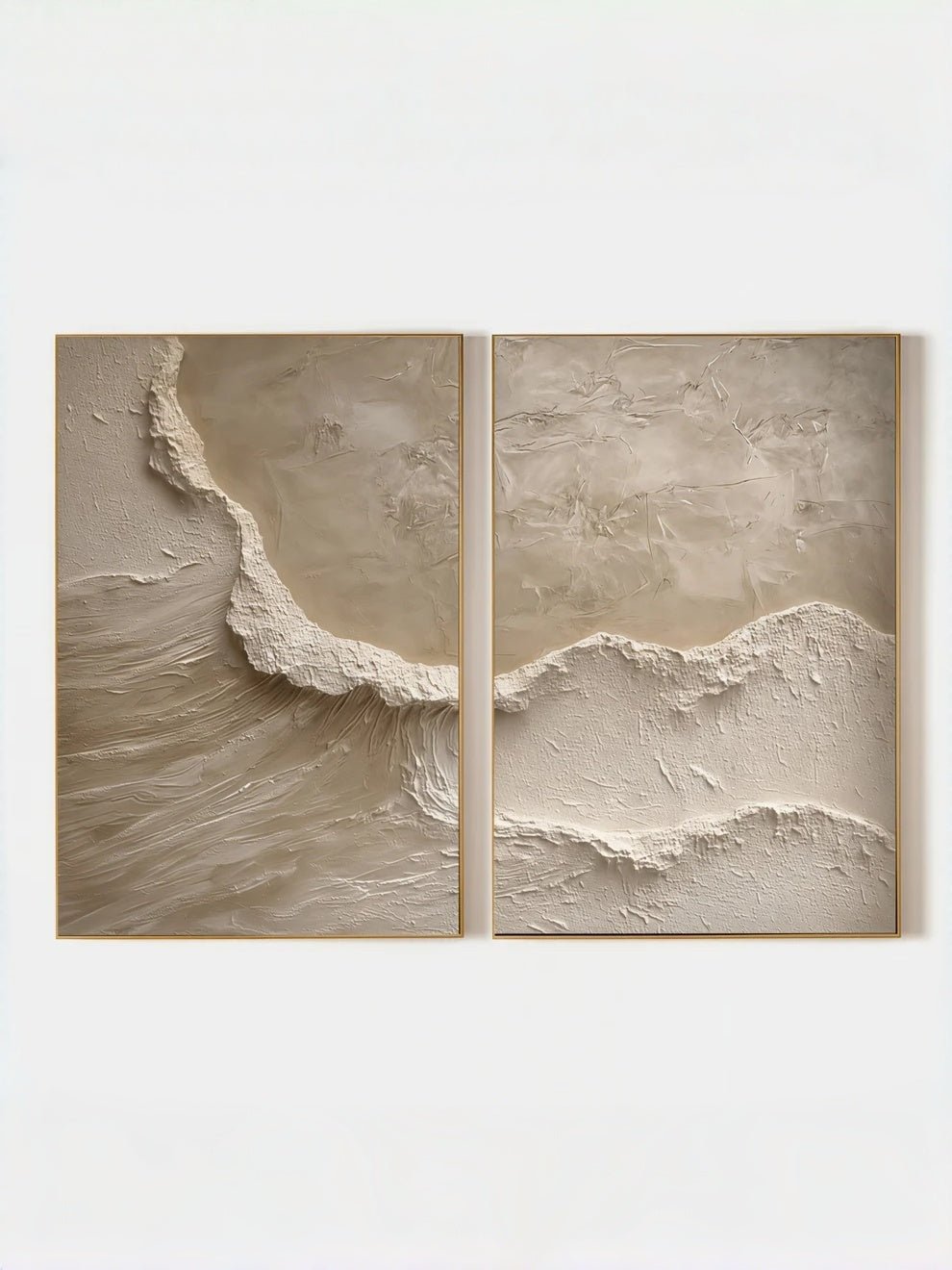 A large 2-panel modern Wabi-Sabi relief painting by Akari Kobayashi featuring organic 3D textured ridges in cream and beige, hung in a minimalist living room above a sofa.