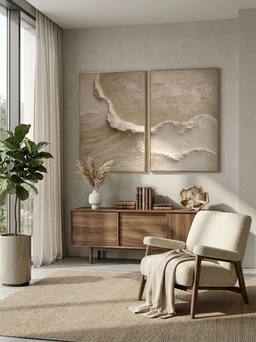A large 2-panel modern Wabi-Sabi relief painting by Akari Kobayashi featuring organic 3D textured ridges in cream and beige, hung in a minimalist living room above a sofa.