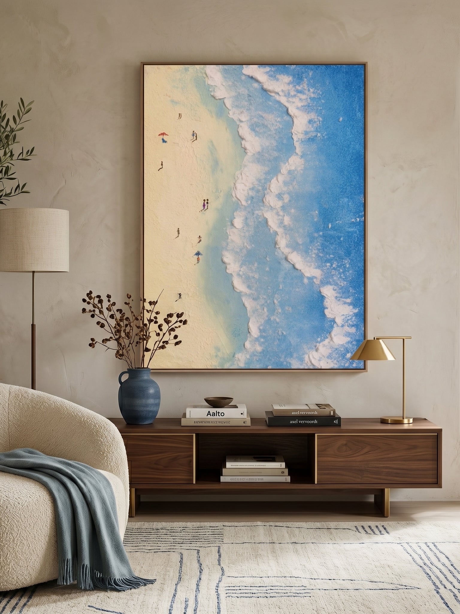 Hand-painted textured coastal beach wave wall art on canvas featuring ocean waves and sandy shoreline in modern coastal style
