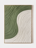 Large 100% hand-painted modern organic minimalist abstract canvas painting with heavy 3D ribbed palette knife plaster texture featuring sage green and white color-blocking curves by Leo Liang for living room wall decor.