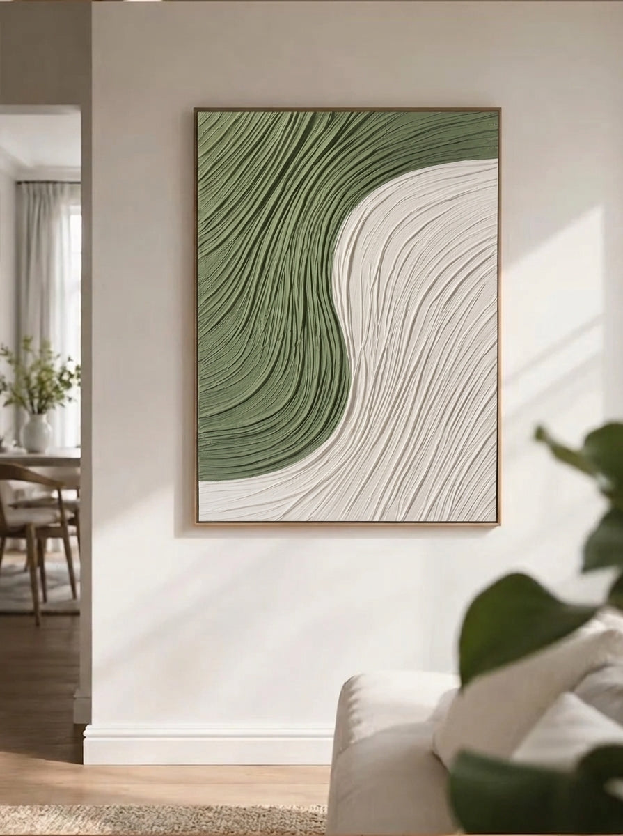 Large 100% hand-painted modern organic minimalist abstract canvas painting with heavy 3D ribbed palette knife plaster texture featuring sage green and white color-blocking curves by Leo Liang for living room wall decor.