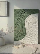 Large 100% hand-painted modern organic minimalist abstract canvas painting with heavy 3D ribbed palette knife plaster texture featuring sage green and white color-blocking curves by Leo Liang for living room wall decor.