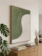 Large 100% hand-painted modern organic minimalist abstract canvas painting with heavy 3D ribbed palette knife plaster texture featuring sage green and white color-blocking curves by Leo Liang for living room wall decor.