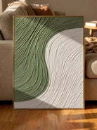 Large 100% hand-painted modern organic minimalist abstract canvas painting with heavy 3D ribbed palette knife plaster texture featuring sage green and white color-blocking curves by Leo Liang for living room wall decor.