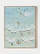 Hand-painted textured coastal surf wave wall art featuring ocean waves and surfers in soft aqua tones on canvas