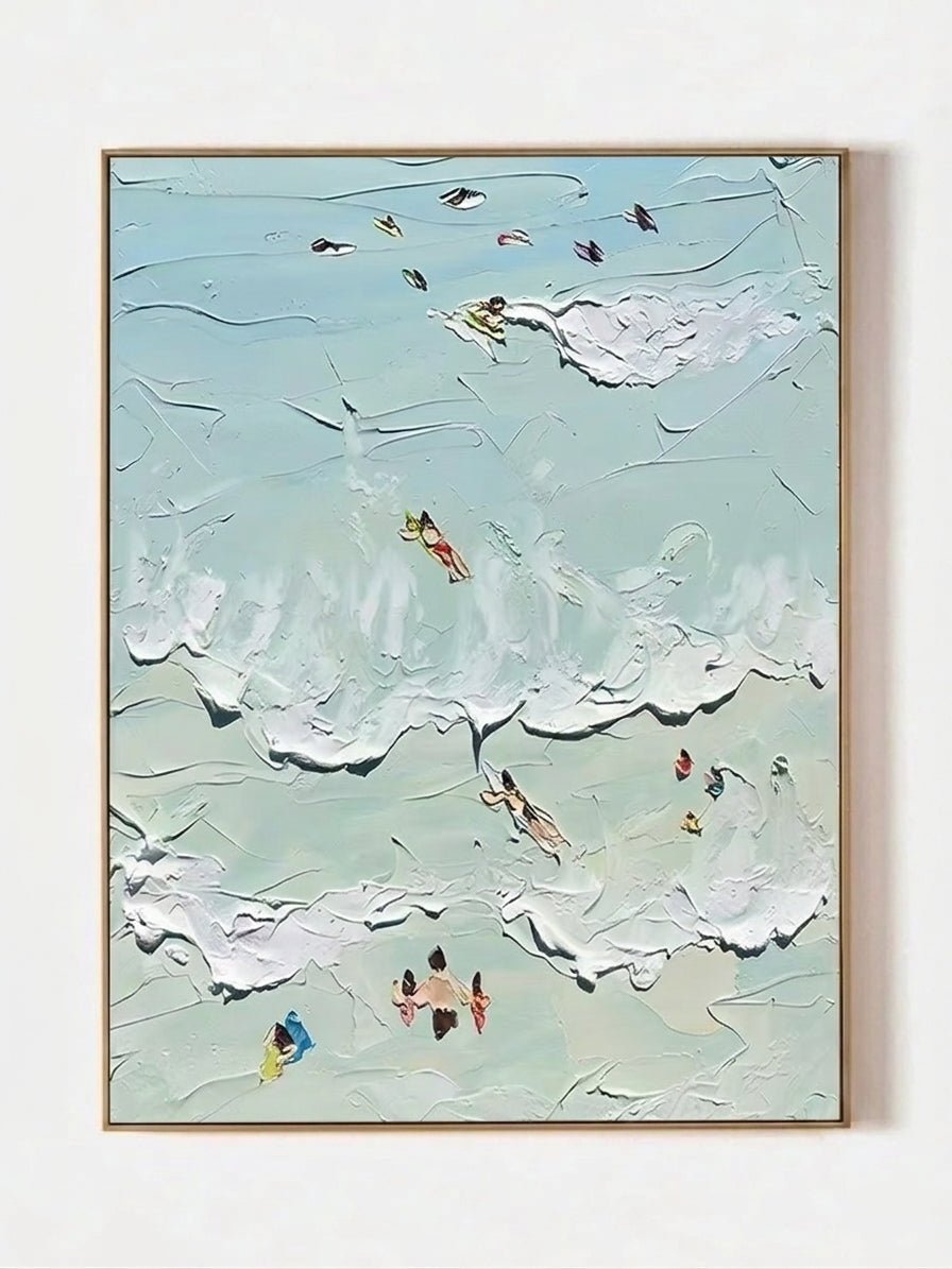 Hand-painted textured coastal surf wave wall art featuring ocean waves and surfers in soft aqua tones on canvas